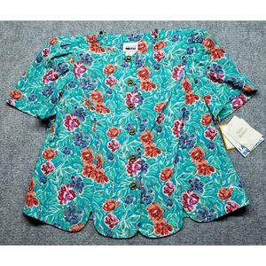 Leslie Fay Blouse Womens Petite 14 Teal Floral Short Sleeve Button Polyester New